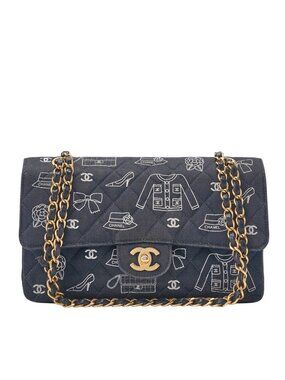 Chanel Quilted Double Flap 25 Icon Print Chain Shoulder Bag Canvas Bicolor Black